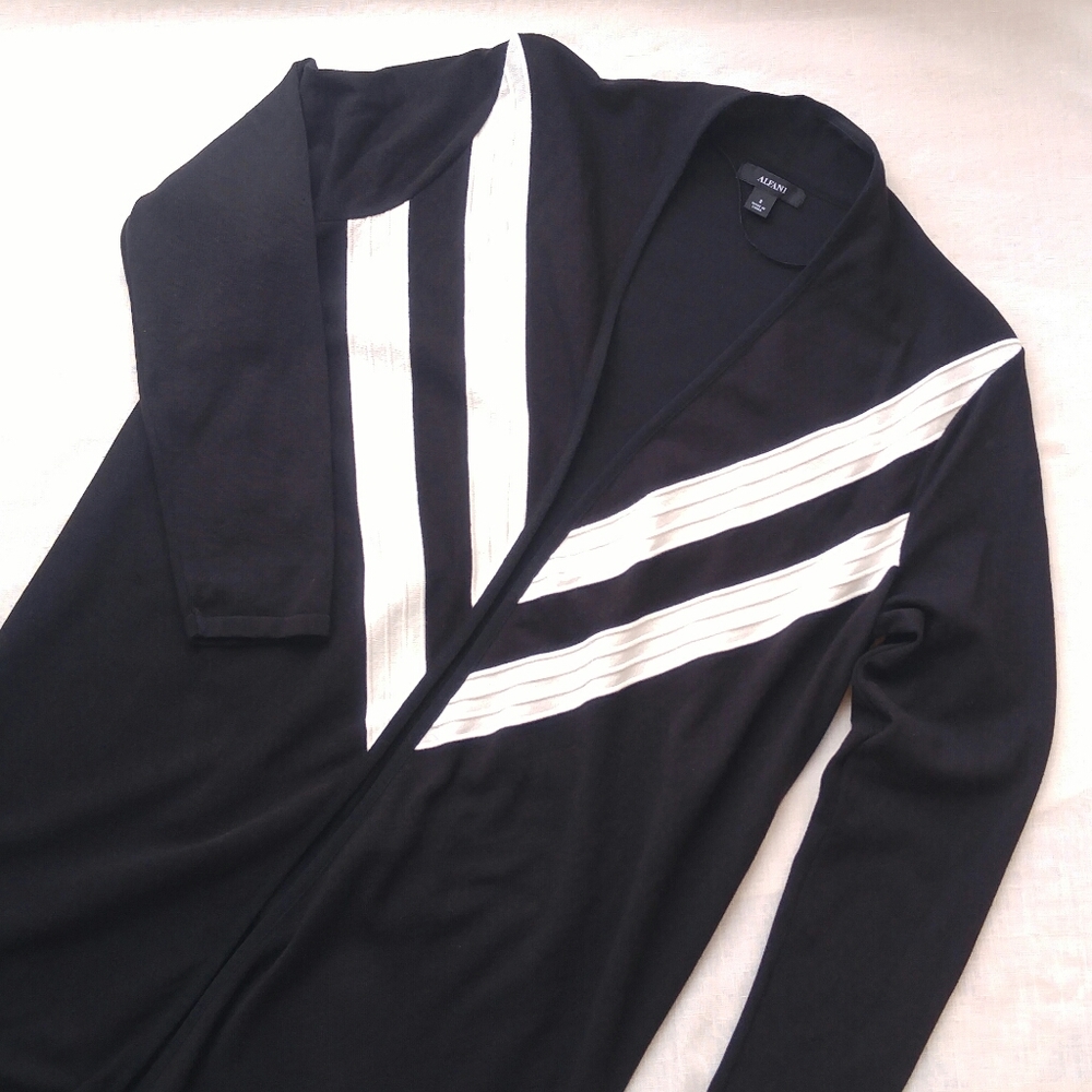 Bold Cardigan Long Open Chevron Stripes Black